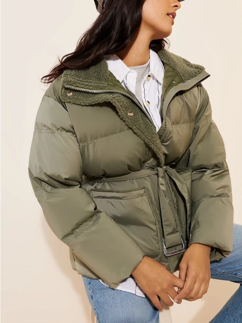 Line + Dot Green Belted Puffer Jacket